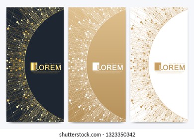 Modern set of vector flyers. Geometric abstract presentation with golden mandala. Molecule and communication background for medicine, science, technology, chemistry.