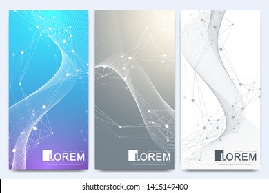 Modern set of vector flyers. Geometric presentation. Molecule and communication background for medicine, science, technology. Scientific cybernetic particle compounds. Lines plexus. Card surface