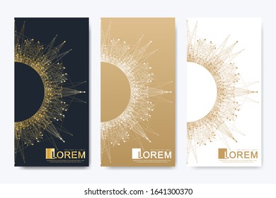 Modern set of vector flyers. Geometric abstract presentation with golden mandala. Molecule and communication background for medicine, science, technology, chemistry