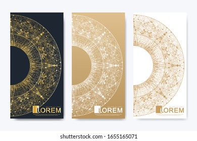 Modernes Set von Vektorillustration Flyers. Geometrische abstrakte Präsentation mit goldener Mandala. Molekül- und Kommunikationshintergrund für Medizin, Wissenschaft, Technologie, Chemie