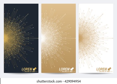 Modern set of vector flyers. Geometric abstract presentation with golden mandala. Molecule and communication background for medicine, science, technology, chemistry.