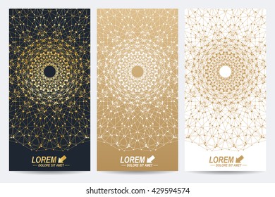 Modern set of vector flyers. Geometric abstract presentation with golden mandala. Molecule and communication background for medicine, science, technology, chemistry.