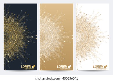 Modern set of vector flyers. Geometric abstract presentation with golden mandala. Molecule and communication background for medicine, science, technology, chemistry