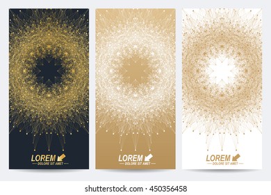 Modern set of vector flyers. Geometric abstract presentation with golden mandala. Molecule and communication background for medicine, science, technology, chemistry