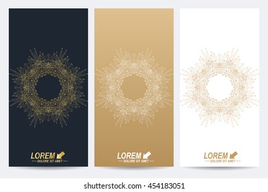 Modern set of vector flyers. Geometric abstract presentation with golden mandala. Molecule and communication background for medicine, science, technology, chemistry