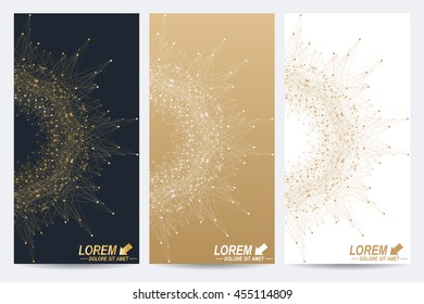 Modern set of vector flyers. Geometric abstract presentation with golden mandala. Molecule and communication background for medicine, science, technology, chemistry