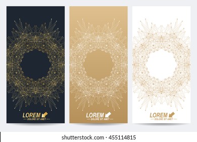 Modern set of vector flyers. Geometric abstract presentation with golden mandala. Molecule and communication background for medicine, science, technology, chemistry