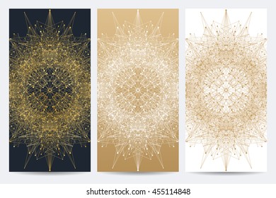 Modern set of vector flyers. Geometric abstract presentation with golden mandala. Molecule and communication background for medicine, science, technology, chemistry
