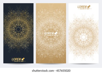 Modern set of vector flyers. Geometric abstract presentation with golden mandala. Molecule and communication background for medicine, science, technology, chemistry