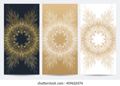 Modern set of vector flyers. Geometric abstract presentation with golden mandala. Molecule and communication background for medicine, science, technology, chemistry