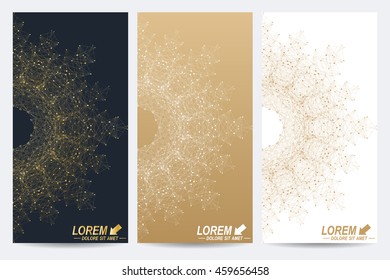 Modern set of vector flyers. Geometric abstract presentation with golden mandala. Molecule and communication background for medicine, science, technology, chemistry