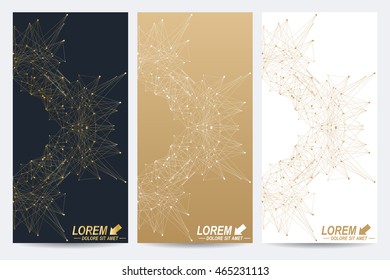 Modern set of vector flyers. Geometric abstract presentation with golden mandala. Molecule and communication background for medicine, science, technology, chemistry