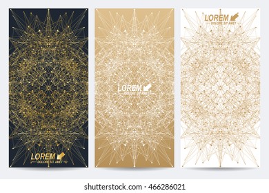 Modern set of vector flyers. Geometric abstract presentation with golden mandala. Molecule and communication background for medicine, science, technology, chemistry