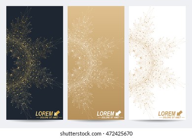 Modern set of vector flyers. Geometric abstract presentation with golden mandala. Molecule and communication background for medicine, science, technology, chemistry