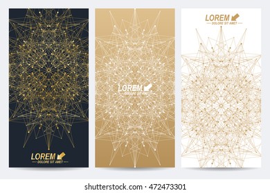 Modern set of vector flyers. Geometric abstract presentation with golden mandala. Molecule and communication background for medicine, science, technology, chemistry