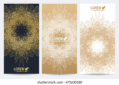 Modern set of vector flyers. Geometric abstract presentation with golden mandala. Molecule and communication background for medicine, science, technology, chemistry