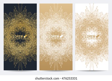 Modern set of vector flyers. Geometric abstract presentation with golden mandala. Molecule and communication background for medicine, science, technology, chemistry