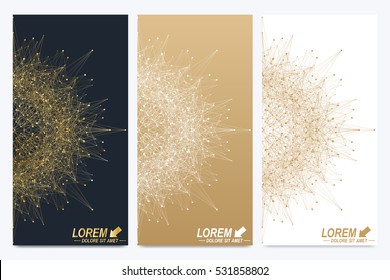 Modern set of vector flyers. Geometric abstract presentation. Molecule and communication background for medicine, science, technology, chemistry. Golden cybernetic dots. Lines plexus. Card surface.