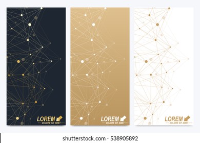 Modern set of vector flyers. Geometric abstract presentation. Molecule and communication background for medicine, science, technology, chemistry. Golden cybernetic dots. Lines plexus. Card surface.