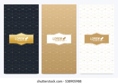 Modern set of vector flyers. Geometric presentation for medicine, science, technology, chemistry. Geometric pattern with connected lines and dots. Golden cybernetic dots. Lines plexus. Card surface