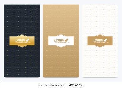 Modern set of vector flyers. Geometric presentation for medicine, science, technology, chemistry. Geometric pattern with connected lines and dots. Golden cybernetic dots. Lines plexus. Card surface