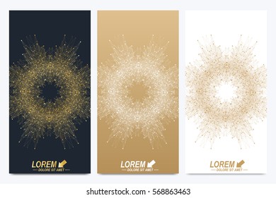 Modern set of vector flyers. Geometric abstract presentation with golden mandala. Molecule and communication background for medicine, science, technology, chemistry