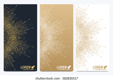 Modern set of vector flyers. Geometric abstract presentation. Molecule and communication background for medicine, science, technology, chemistry. Golden cybernetic dots. Lines plexus. Card surface