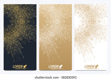 Modern set of vector flyers. Geometric abstract presentation. Molecule and communication background for medicine, science, technology, chemistry. Golden cybernetic dots. Lines plexus. Card surface