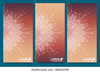 Modern set of vector flyers. Geometric abstract presentation. Molecule and communication background for medicine, science, technology, chemistry. Cybernetic dots. Lines plexus. Card surface