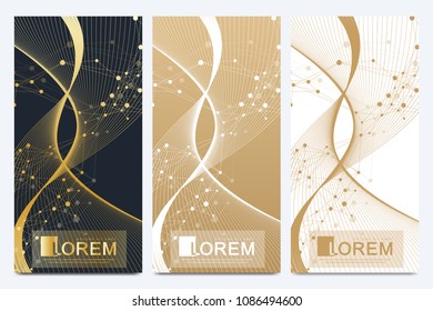 Modern set of vector flyers. Molecule and communication background. Geometric abstract golden package. Connected line with dots. Golden design in trendy linear style