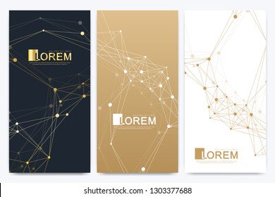 Modern set of vector flyers. Molecule and communication background. Geometric abstract golden package. Connected line with dots. Golden design in trendy linear style.