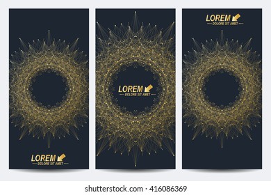 Modern set of vector flyers. Molecule and communication background. Geometric abstract round  golden forms. Connected line with dots. Graphic composition for medicine, science, technology, chemistry.