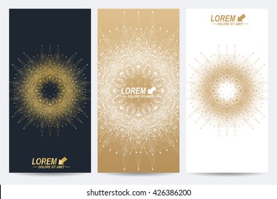 Modern set of vector flyers. Molecule and communication background. Geometric abstract round golden forms. Connected line with dots. Graphic composition for medicine, science, technology, chemistry.