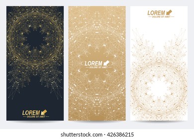 Modern set of vector flyers. Molecule and communication background. Geometric abstract round golden forms. Connected line with dots. Graphic composition for medicine, science, technology, chemistry.