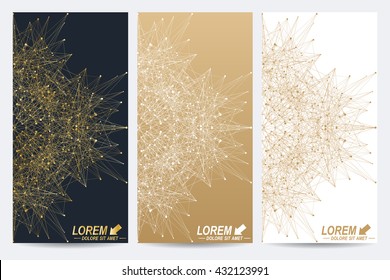 Modern set of vector flyers. Molecule and communication background. Geometric abstract round golden forms. Connected line with dots. Graphic composition for medicine, science, technology, chemistry