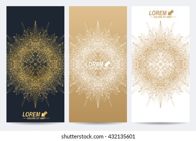 Modern set of vector flyers. Molecule and communication background. Geometric abstract round golden forms. Connected line with dots. Graphic composition for medicine, science, technology, chemistry