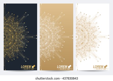 Modern set of vector flyers. Molecule and communication background. Geometric abstract round golden forms. Connected line with dots. Graphic composition for your design.