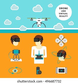 Modern set of vector icons of drone and a virtual reality. Trendy flat design  Front and top view of air drones. Excellent art for web design and advertising.