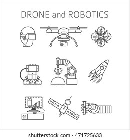 Modern set of vector icons of quadcopters and robotics. Trendy 
linear design. Front and top view of air drones. Excellent art for web design and advertising.