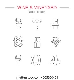 Modern set of vector line icons with different wine and winery elements. Vector line icons.
