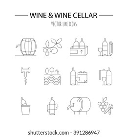 Modern set of vector line icons with different wine and winery elements. Glass, grape, bottle, barrel, corckscrew. Vector line icons. Perfect background for wine-related design.