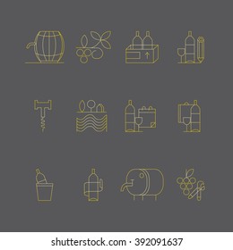 Modern set of vector line icons with different wine and winery elements. Glass, grape, bottle, barrel, corckscrew. Vector line icons. Perfect background for wine-related design.
