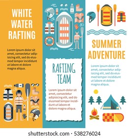 Modern set of vertical banner template for white water rafting. Colorful vector illustration, flat design. Icons for map, campfire, tent, raft and oars, stopwatch etc. Could be used for ads or web.