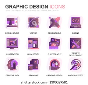 Modern Set Web and Graphic Design Gradient Flat Icons for Website and Mobile Apps. Contains such Icons as Studio, Tools, App Development, Retouching. Conceptual color flat icon. Vector pictogram pack.