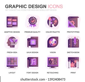 Modern Set Web and Graphic Design Gradient Flat Icons for Website and Mobile Apps. Contains such Icons as Studio, Tools, App Development, Retouching. Conceptual color flat icon. Vector pictogram pack.