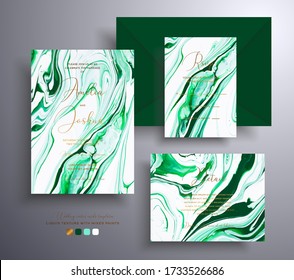Modern set of wedding invitations with stone pattern. Agate vector covers with marble effect and place for text, green, golden and white colors. Designed for posters, brochures and etc