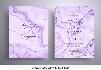 Modern set of wedding invitations with stone texture. Agate vector covers with marble effect and place for text, lavender, purple and white colors. Designed for greeting cards, packaging and etc