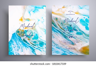 Modern set of wedding invitations with stone texture. Agate vector covers with marble effect and place for text, blue, white and golden colors. Designed for posters, packaging and etc.