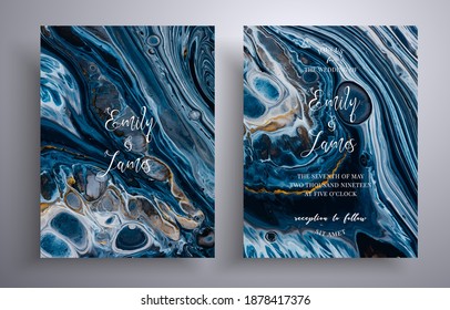 Modern set of wedding invitations with stone texture. Agate vector covers with marble effect and place for text, black, navy blue and golden colors. Designed for posters, brochures and etc.