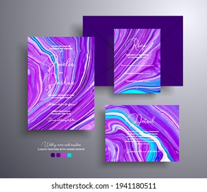 Modern set of wedding invitations with stone texture. Agate vector covers with marble effect and place for text, purple, lilac and turquoise colors. Designed for greeting cards, packaging and etc.